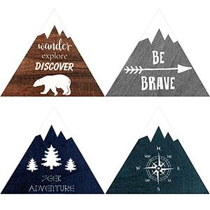 4 Pieces Inspirational Wooden Nursery Wall Sign - Rustic Mountain Nature Forest Woodland Adventure Motivational Hanging Decor with Hook for Baby Bedroom (Classic Colors)