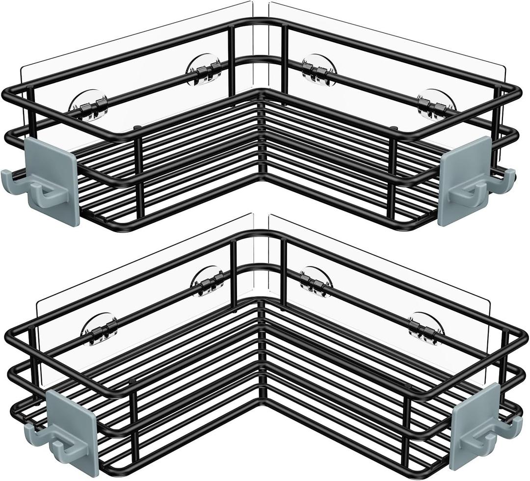 Nieifi Adhesive Corner Shower Caddy Shelf Basket Rack with Hooks, Rust Proof Stainless Steel Bathroom Shelf Shampoo Holder No Drilling (Black)