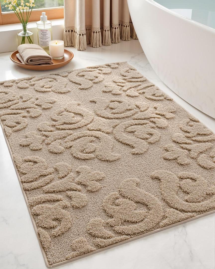 DEXI Bathroom Rug 17x30, Non Slip Washable Bath Mat for Shower Floor, Absorbent Soft Bathmat with Rubber Backing, Plush Fluffy Microfiber Floral Retro Carpet, Beige