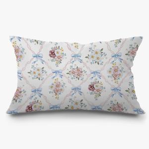 Coquette Blue Bow Floral Pillow Covers 12x20, Vintage Wildflower Botanical Ribbons Trellis Lumbar Throw Pillow Covers for Home Bedroom Living Room, Chinoiserie Decor