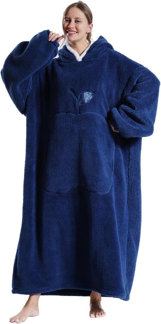 Wearable Blanket Hoodie for Women - Oversized Hooded Blanket for Adults Cozy Christmas Birthday Gifts for Mom Dad Fluffy Plush Blanket Sweatshirt Navy Blue (Adults Extra Long)