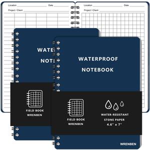 2PCS Field Grid Weatherproof Spiral Notebooks 4.8"x7" with All-Weather Stone Paper and Waterproof PVC Cover, 100 Pages per Pocket Notepad, A6 Medium Memo Steno Pads (Field, Blue)