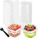 100Pcs 8oz Plastic Dessert Cups with Lids and Spoons,Disposable Parfait Cup Square Cake Containers for Party Favor, Mousse, Yogurt, Pudding, Snacks, Fruits, 50 Sets