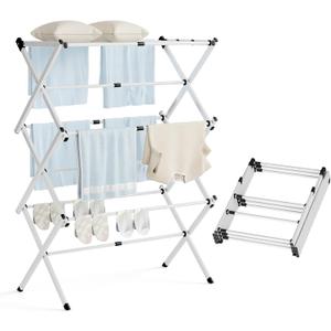 Clothes Drying Rack,Expandable Collapsible Heavy Duty Metal Laundry Standing Rack for Air Drying Clothing,3-Tier Portable Space Saving Clothing Rack for Laundry Indoor Outdoor(White), 28.9"W x 15"D x 39.8"H