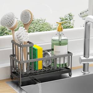 Cisily Sponge Holder for Kitchen Sink, Sink Caddy with High Brush Holder, Organzier Rustproof 304 Stainless Steel Dish Organizer Divider, Soap Dispenser Storage(Grey) (Gray)