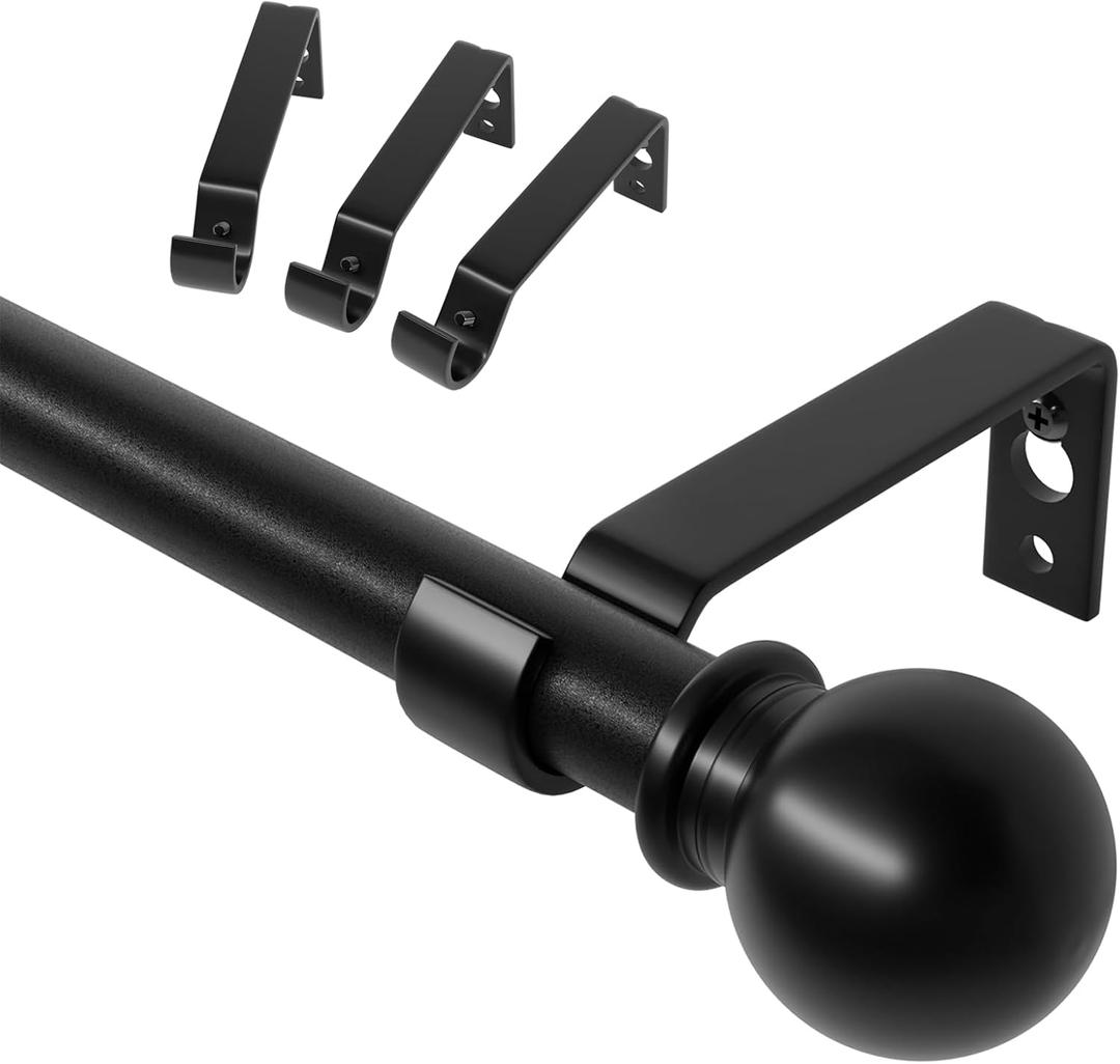 Black Curtain Rods for Windows 48 to 84, Adjustable Curtain Rod Set with Brackets Easy Install, Decorative Slender 5/8 Diameter Drapery Rod, Heavy Duty Drape Pole for Bedroom, Living Room