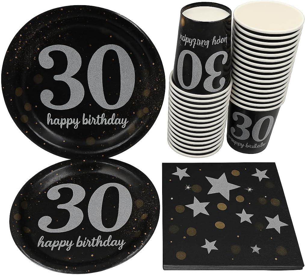 Oojami 120-Piece 30th Birthday Party Pack Serves 30 Includes 9" Dinner Plates, 7" Dessert Plates 12oz Cups & 3-Ply Napkins Complete Disposable Tableware Set for 30th Birthday Celebrations