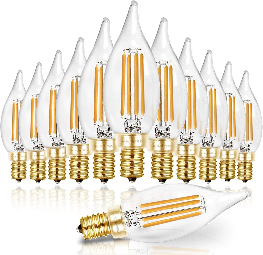 Hizashi 90+ CRI LED Candelabra Bulb 40W Equivalent E12 LED Bulb Dimmable 2700K Soft Warm White, Chandelier Light Bulbs, 4W 450LM Flame Tip CA10 Candle Light Bulbs, UL Listed - 12 Pack