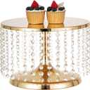 LANLONG Cake Stand for Dessert Table 12 Inch Gold Crystal Pendants Metal Cake Stand Serves as A Round Dessert Cupcake Display Plate for Table, Wedding, Party, Event (Medium)
