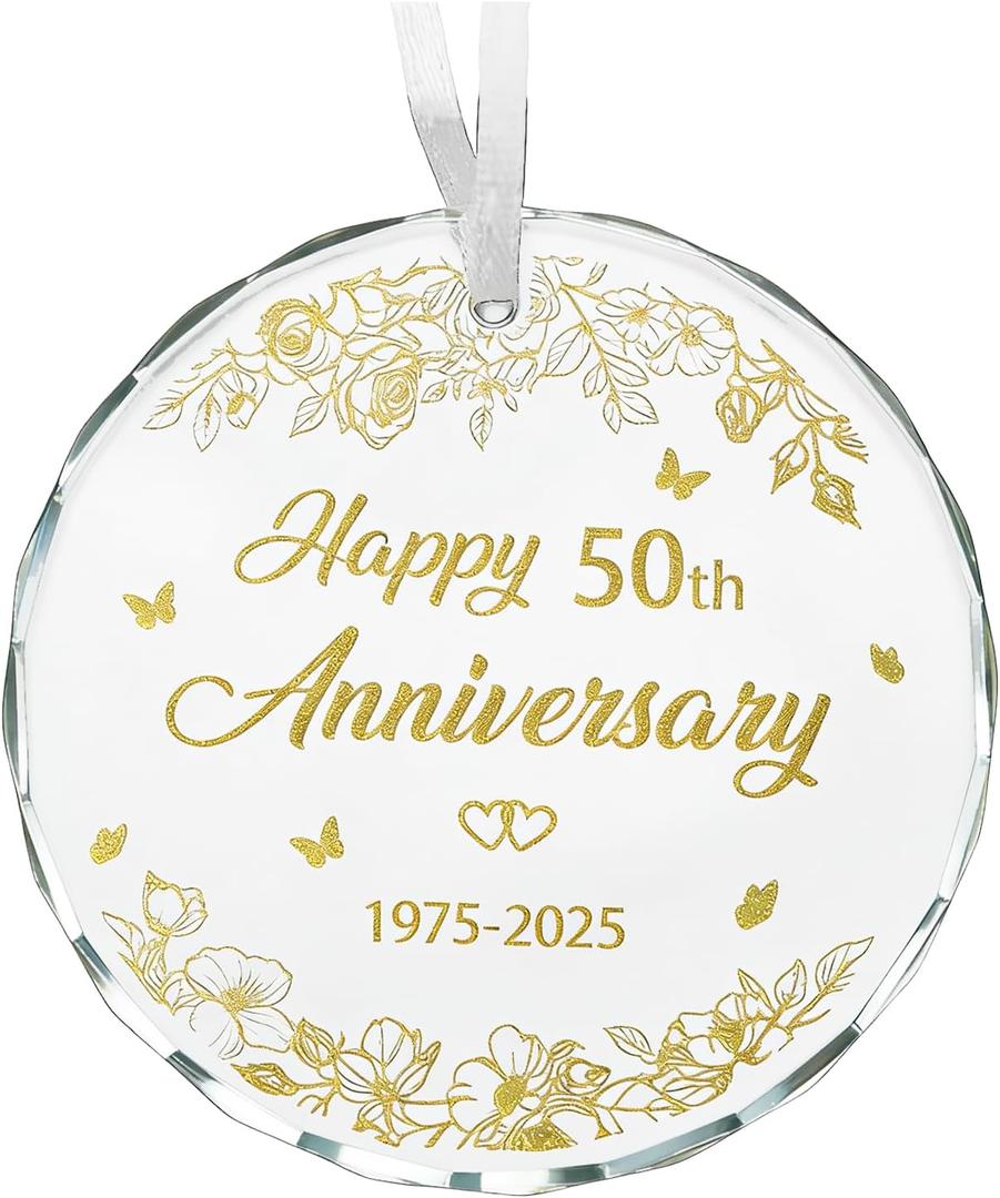 50th Wedding Anniversary 2026 Gifts for Couple,Parents, Wife, Husband Glass Ornament with Happy 50th Anniversary, A Life Time of Memories