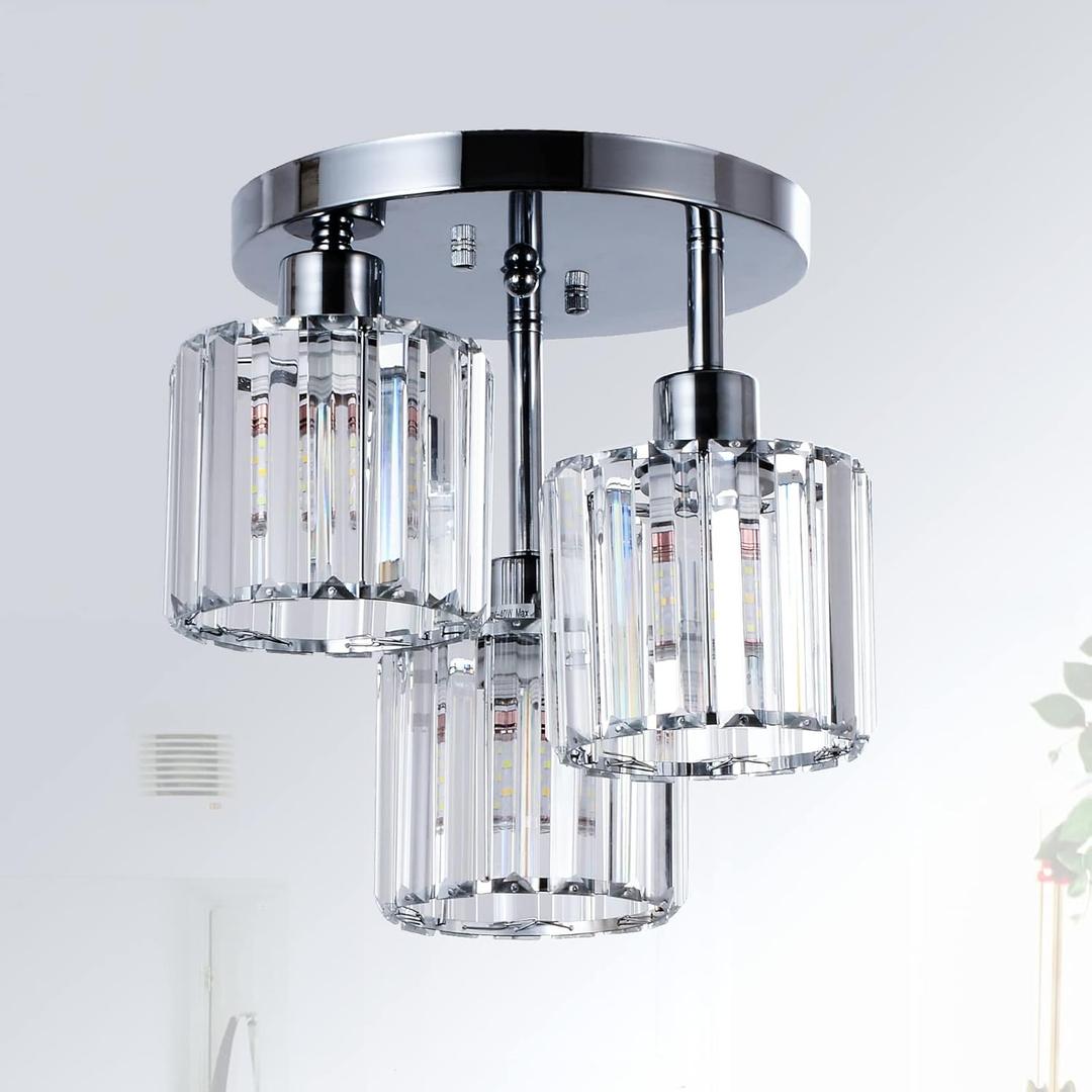 Semi Flush Mount Ceiling Light,3-Light Modern Close to Ceiling Light Fixtures,Kitchen Light with Clear Crystal Shades, Hallway Light Fixtures for Kitchen Entryway Bedroom Bathroom Foyer (Chrome)