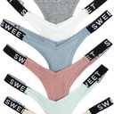 Verdusa Women's 7Pcs G String Thongs Cheeky Low Rise Letter Print Tape Underwear Pack Panties Briefs (Multicolor) S
