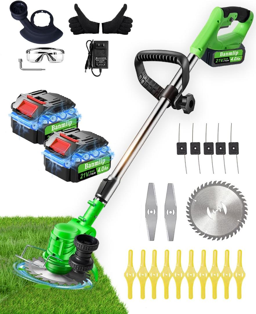 Weed Wacker Cordless Battery Powered, 4-in-1 Weed Trimmer/Lawn Edger with 4 Types Blades, Weed Electric Eater with 4.0Ah Battery*2, 21V Brush Cutter for Lawn Care and Yard Work