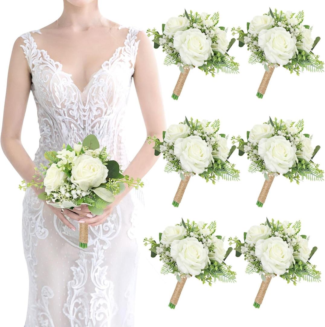 Bridesmaids Bouquets Set of 6 Ivory White Artificial Flowers 7 Inch Bridesmaid Bouquet Wedding Pre-Made Rustic Rose Small Floral Bouquets for Bridal Shower Marriage Proposal Party Anniversary Decor