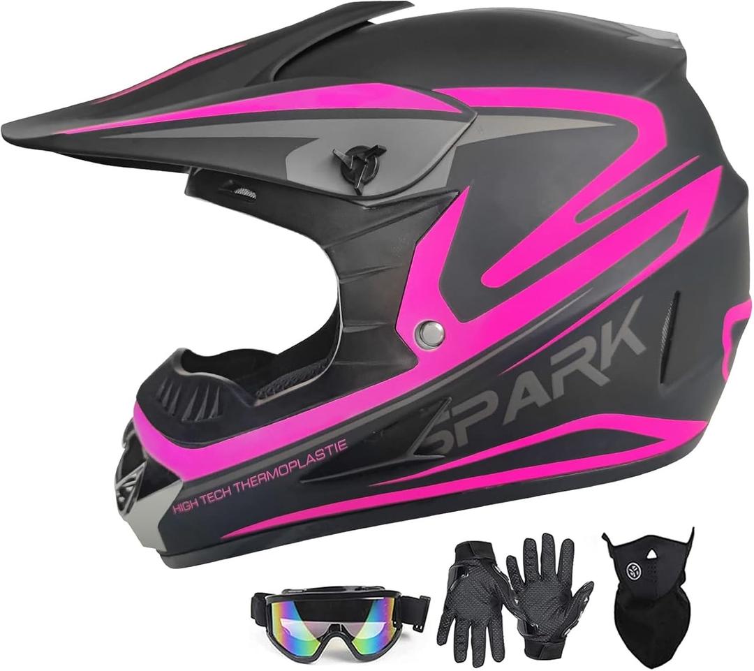 Youth Adult Dirt Bike ATV Helmet Motocross Anti-Collision Full Face Motorcycle DOT Approved BMX Downhill Off-Road Mountain Bike Helmet with SUV Goggles Gloves Face Shield (Large, Pink)