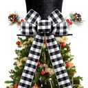 Christmas Tree Topper Hat, Black Velvet Xmas Tree Toppers with Classical Buffalo Plaid Big Bow tie and Lengthened Ribbon, Tree Topper for Christmas Holiday Party Home Decorations, Xmas Decor