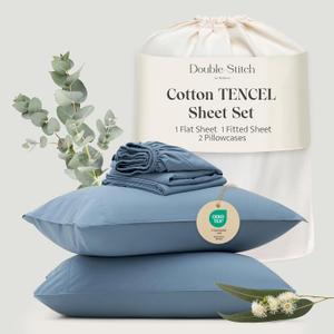 Double Stitch Cotton Tencel King Sheet Set - Crisp, Smooth & Cooling for Hot Sleepers, Hotel Collection Bedding Set, Bed Sheets King Size, Deep Pocket up to 16", Windward Blue