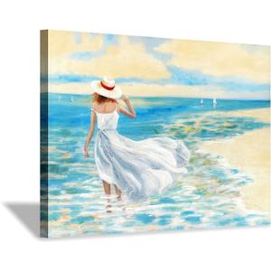 Abstract Beach Picture Wall Art: Girl & Ocean Artwork Seascape Painting on Canvas for Bathroom (36 x 24 x 1 Panel)