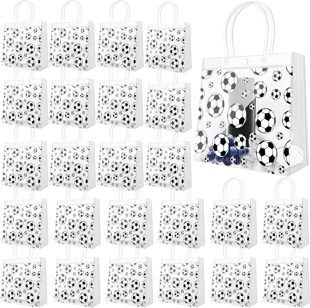 Demonwer 24 Pcs Soccer Clear Goodie Bag with Handles PVC Sport Theme Goodie Treat Candy Bags Reusable Party Favor Bag for Team Birthday Gifts 8×8×3.2 Inch
