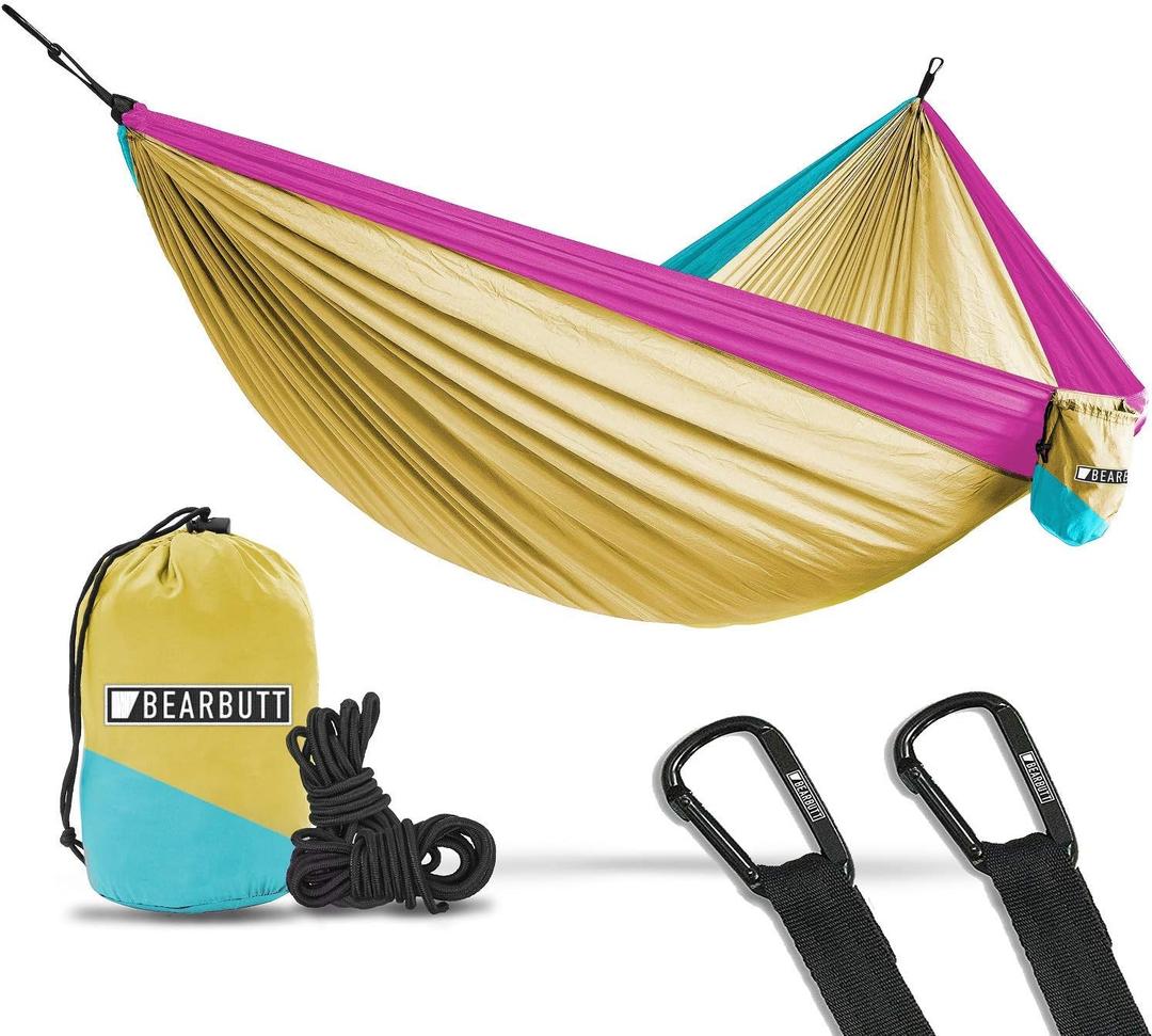 Bear Butt 2 Person Portable Hammock - Backpacking to Camping - Double Hammock for Travel & Outdoor (Yellow / Sky Blue / Pink)