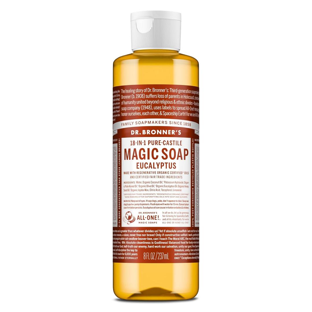 Dr. Bronner's Pure-Castile Magic Soap Liquid (Eucalyptus, 8 Ounce) - Made with Regenerative Organic Certified Oils, 18-in-1 Uses: Face, Body, Hair, Laundry, Pets and Dishes, Concentrated, Vegan