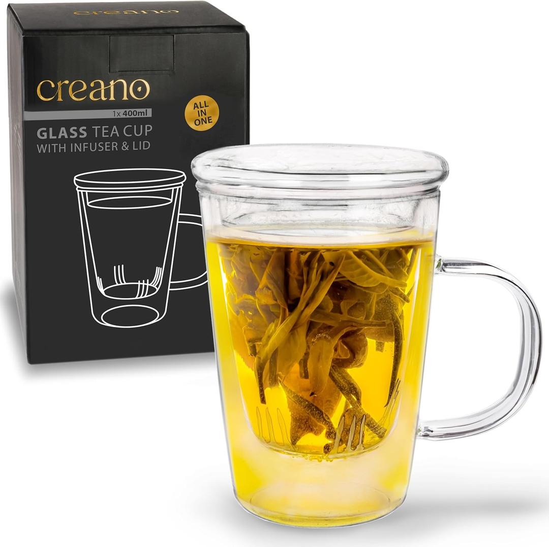Creano Tea Glass 400 ml  Large Tea Cup with Strainer and Glass Lid  An ideal Tea Maker
