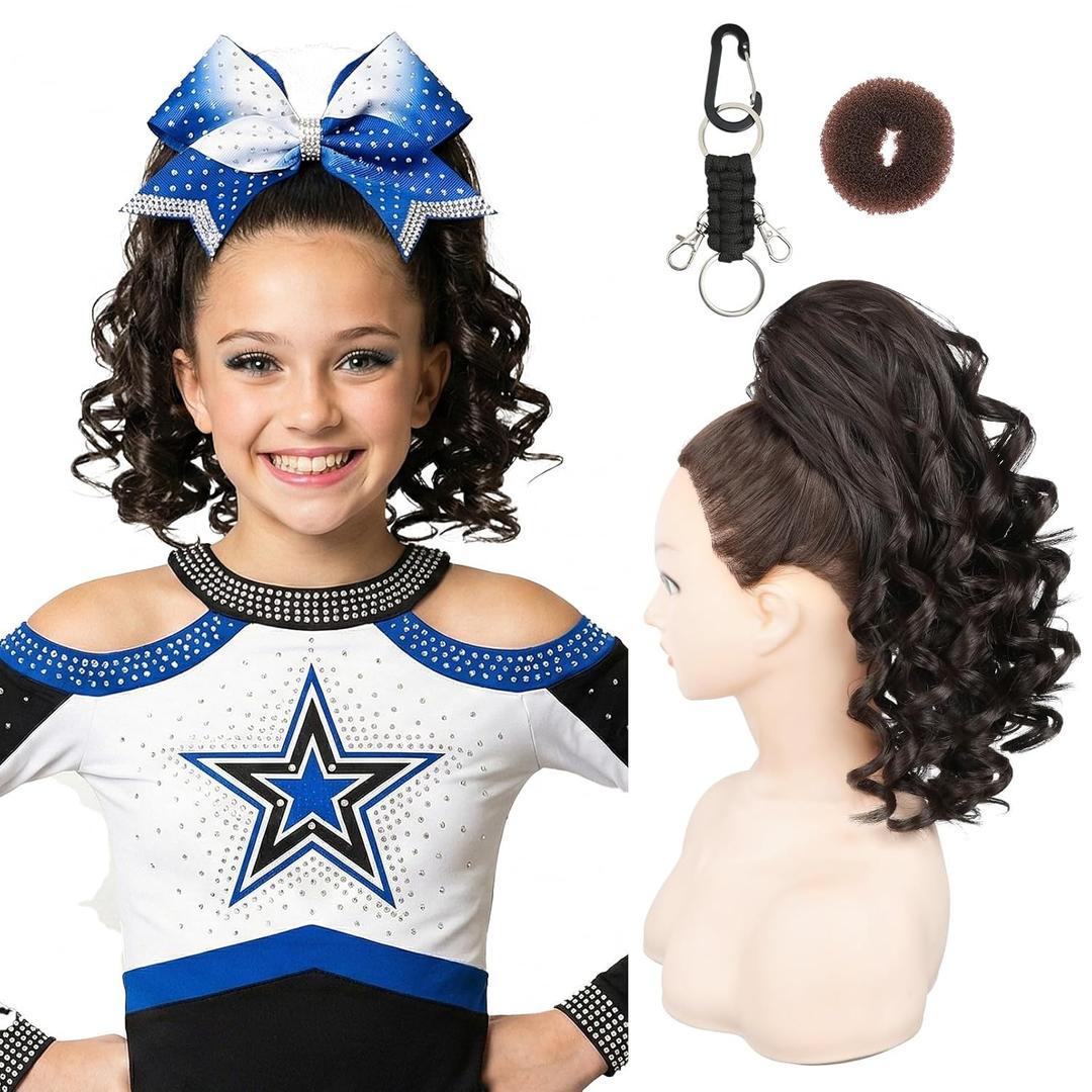 SEIKEA Cheer Ponytail Hair Piece, 14" Curly Cheerleader Hairpiece Ponytail Extension for Cheerleader Competition, Dance Black Brown