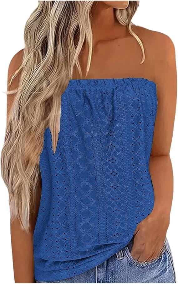 Miyaomn Trendy Strapless Bandeau Tank for Women Strapless Eyelet Sexy Tube Tops Dressy Casual Sleeveless Hollow Out T Shirts L