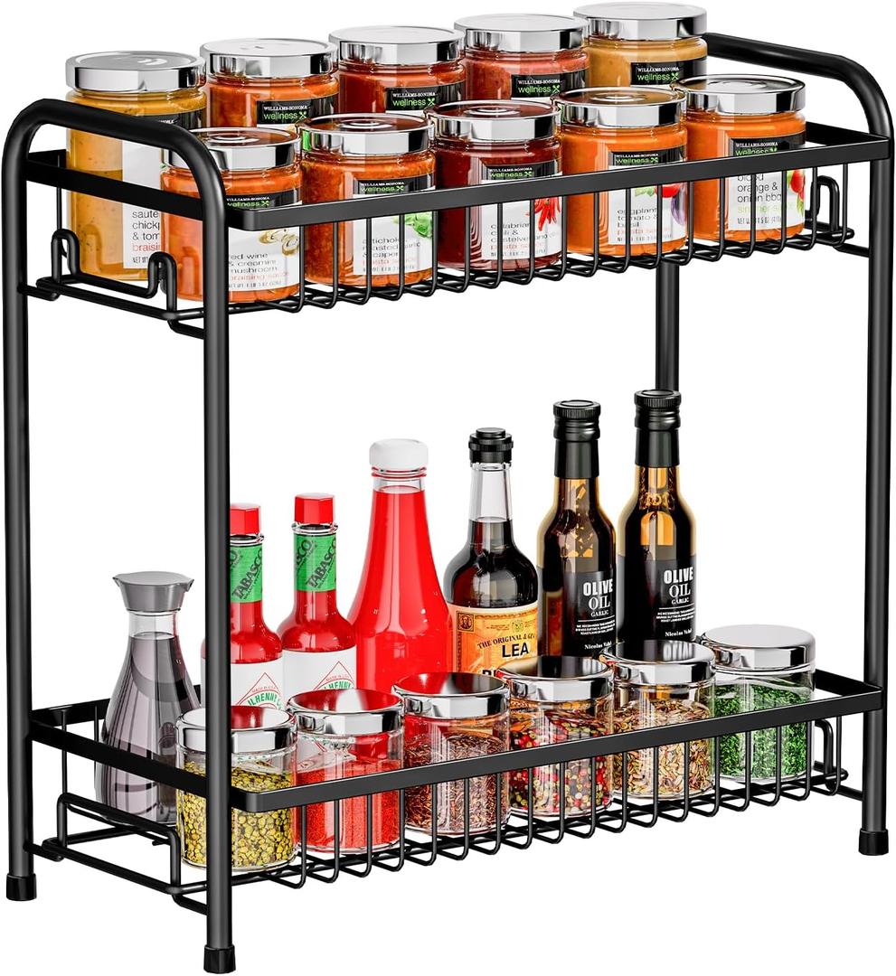 Spice Rack for Countertop, 2-Tier Standing Sturdy Metal Seasoning Organizer Holder, Space Saving Spice Shlef for Kitchen, Cabinet, Pantry Storage, Easy Assembly, Black (Black-1 Pack)