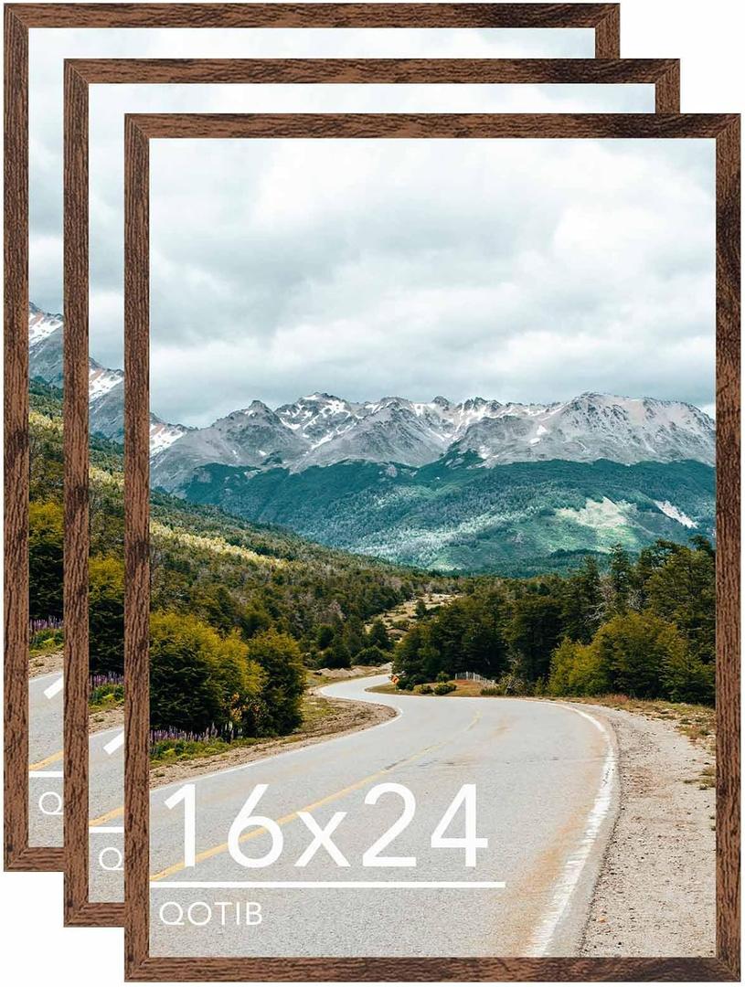 16x24 Picture Frame for Wall Hanging, Wood 16 x 24 Frame 40x60 cm Poster Photo Frame for Wall Horizontally or Vertically, Deep Brown, 3 Pack