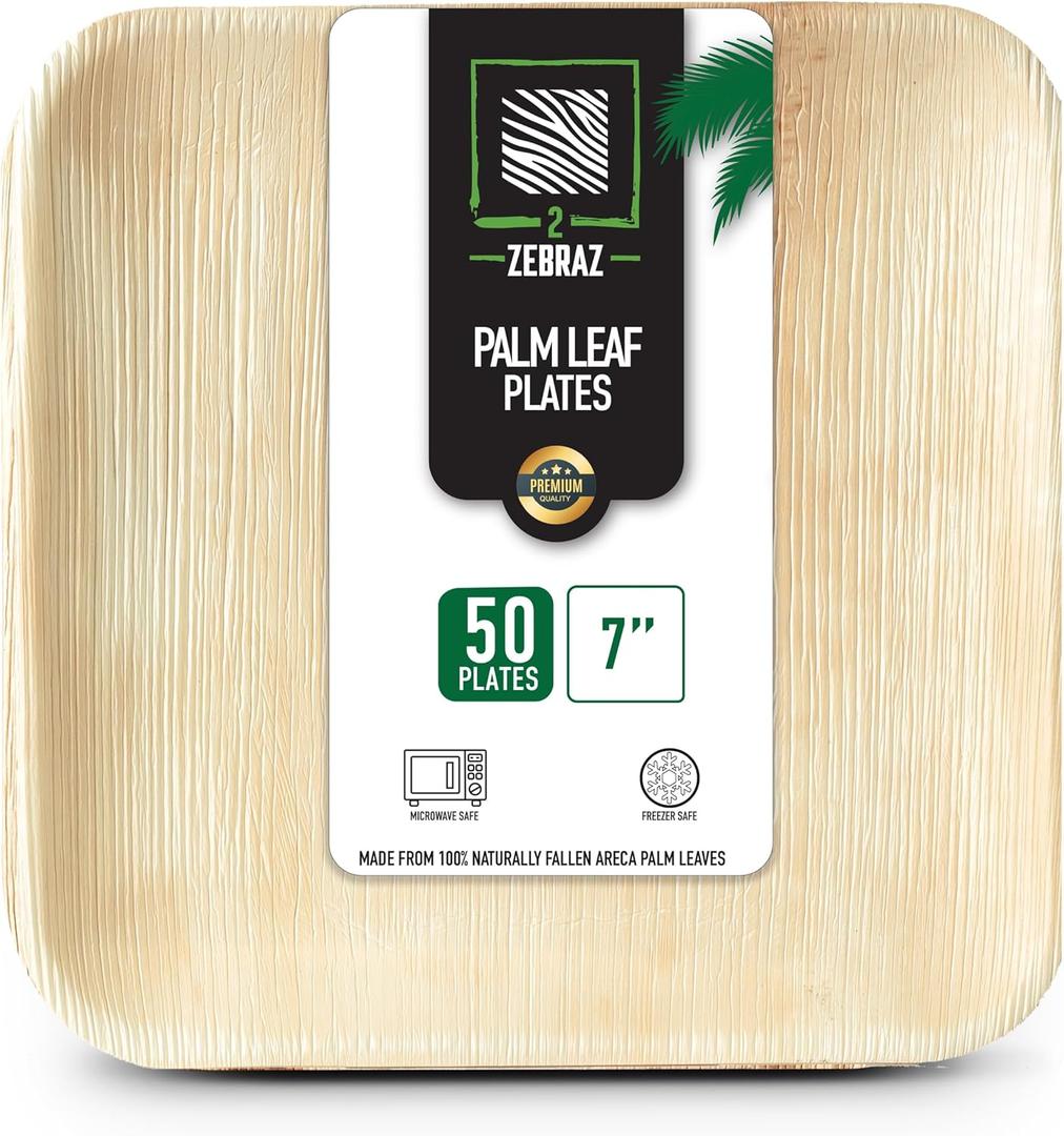Premium 7 Palm Leaf Disposable Plates  Set of 50, Heavy-Duty Appetizer Plates, Compostable & Microwave Safe, Natural Plastic Alternative for Parties & Desserts