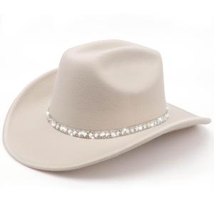 DRESHOW Western Cowboy Hat for Women and Men Wide Brim Glitter Cowboy Cowgirl Hat with Rhinestone Felt Fedora Hats (Medium, 1 Pack Style 10: Off-white)