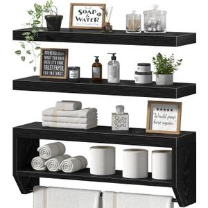 QEEIG Bathroom Long Wall Shelf Floating Shelves (Black, Set of 3, 31.5")