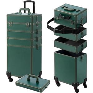 Makeup Train Case, Rolling Makeup Case with Lid, 5 in 1 Cosmetology Case on Wheels, Christmas Gift, Large Makeup Case Organizers, Profesional Cosmetic Case for Salon Barber, Green (4 layers)