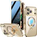 [360 Rotatable CD Stand & Built-in Privacy Screen Magnetic Case for iPhone 17 Pro Max[Compatible with MagSafe&Full Signal] Mil-Grade Shockproof Full Body Anti-Spy Cover for 17 Pro Max-Gold