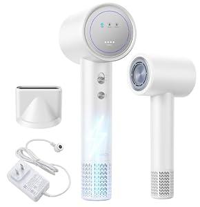 Cordless Hair Dryer Rechargeable, 15000mAh Travel Hair Dryer with Magnetic Nozzle, Portable Hair Blow Dryers for Women Kids Outdoor, White