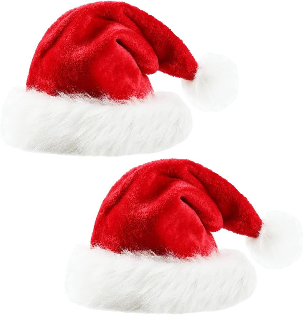 CHOIEO 2 Pcs Christmas Hats, Deluxe Classic Red Santa Hat White Faux Fur Trim Comfort Double Liner Plush Red Velvet Xmas Hats for Unisex Kids for Christmas Festive Holiday Party Supplies (Kid)