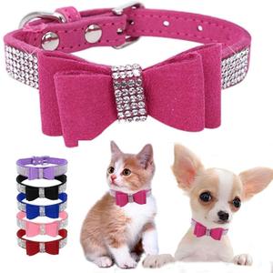 Small Dog Collars for Female Dogs, Cute Bling Rhinestone Crystal with Bow Tie Glitter Diamond Bowtie Puppy Collars for Small Pet Girls Dogs Cats (Rose, S)