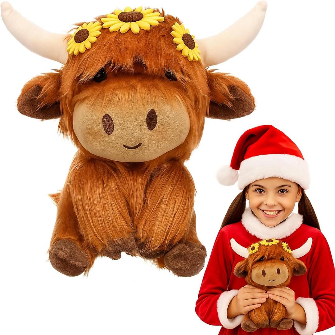 Christmas Highland Cows Stuffed Animals 7.87 Inch, Brown Highland Cow Plush Toy with Santa Sunflower, Cute Plush for Xmas Gifts Kids Adults Boys Girls Birthday Holiday Decorations