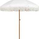 AMMSUN 7ft Patio Umbrella with Fringe Outdoor Tassel Umbrella UPF50+ Premium Steel Pole and Ribs Push Button Tilt, White Cream