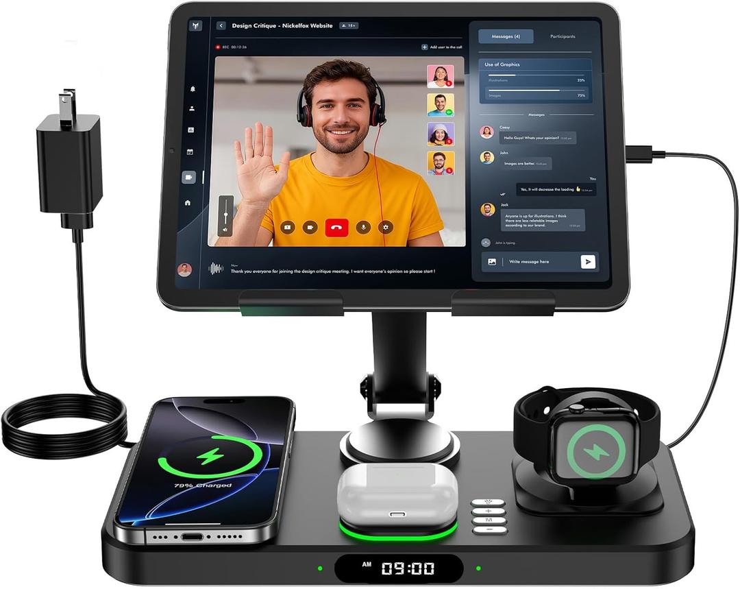 6 in 1 Wireless Charger for Apple Multiple Devices, Charging Station with Clock &7 Color Ambient Light, Foldable Rotate Stand for iPad, for iPhone17/16/15, Support for Apple Watch11/10 For AirPods4 (Black)