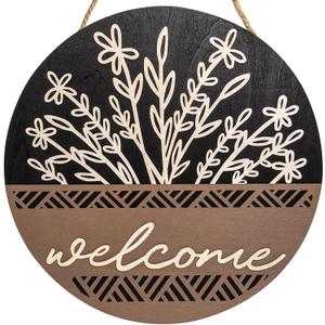 3D 17.7" Welcome Sign for Front Door, Large Black Wooden Flower Door Hanger, Rustic Round Wood Plaque Wall Hanging Decor for Front Porch Outdoor Farmhouse Home Decorations HouseWarming Gift,BLack 
