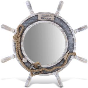 CoTa Global Silver Sea Beach Wall Decor Nautical Ship Wheel Mirror - Handcrafted Wooden Ship Wheel Mirror with Hanger, Nautical Themed Home Decor, Decorative Ornament