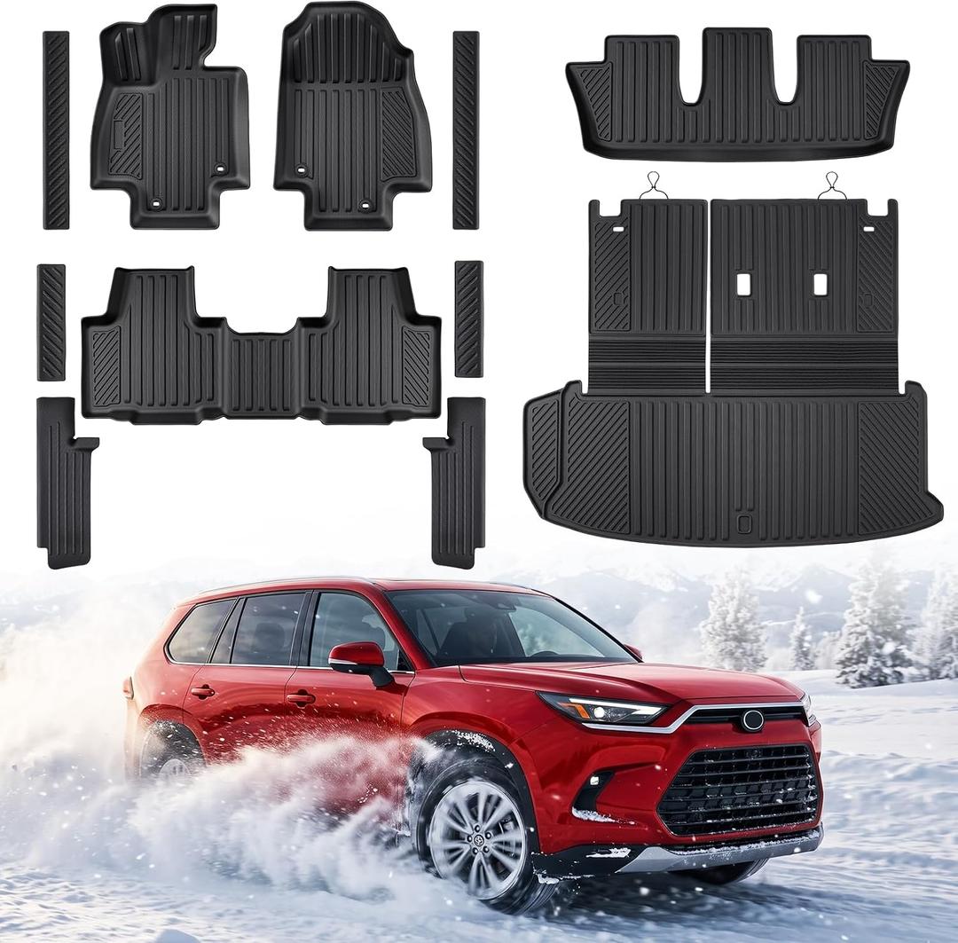 Floor Mats for Toyota Grand Highlander 2024 2025 2026(Fit 7/8 Seats, Hybrid/Gas), All Weather Car Accessories Cargo Liners with Backrest Mat and Door Sill Guards, Full Coverage Set Rubber Trunk Carpet