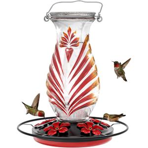 Hummingbird Feeder for Outdoors, 24oz Glass Nectar Feeder with Perch & 5 Flower Feeding Ports, Leakproof Hanging Bird Feeder for Garden Yard Decor, Outside Gifts for Women & Mom, Ruby Red