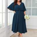 SCOMCHIC Women Plus Size Midi Dresses Wedding Guest Short Sleeve V Neck Tie Waist Casual Summer Flowy A Line Dress (Blue, XXXL)