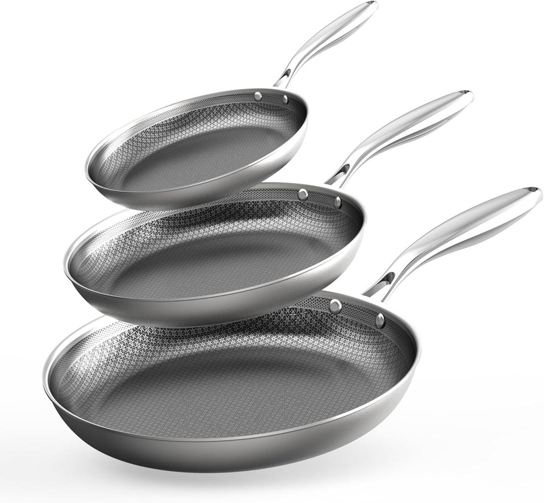COOKER KING Stainless Steel Pans Set of 3 (8+10+12 Inch), Nonstick Frying Pans, Induction Pan Set, Chef's Pan, Skillets Dishwasher & Oven Safe, Stay-Cool Handles, Compatible with All Cooktops