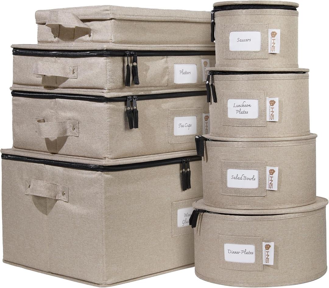 China Storage Hard Shell Containers 8-Piece Set Moving Boxes for Dinnerware, Glasses, Plates, Mugs and Saucers Sturdy Dish Organizer with Dividers for Seasonal Storage - Service for 12 - Brown