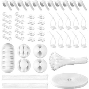 White Cable Management Organizer Kit, 2 Wire Sleeve Protector, 41 Self Adhesive Cable Clips Holder, 10pcs+2 Roll Reusable Cable Ties and 100 Cable Zip Ties for TV Computer Cord Tidy Under Desk