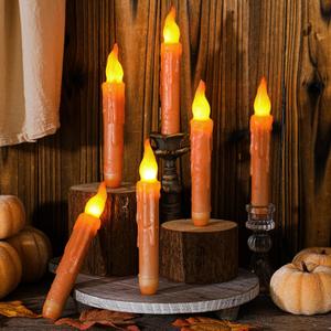 Baquler 6 Pcs Short Thanksgiving Flameless Candles Vintage Fall Real Wax Hand Dipped 6.5 Inch Orange Taper Candles Battery Operated LED Candlesticks for Autumn Thanksgiving Dinning Table Home Party